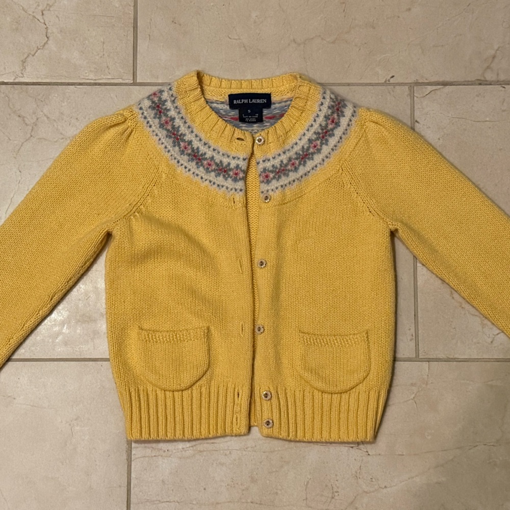 Ralph Lauren Girls Yellow Fair Isle Yoke Cardigan Sweater Sz 4T